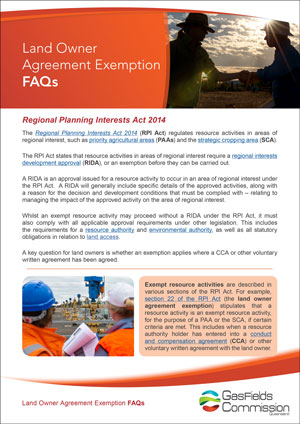 GasFields Commission 'Land Owner Agreement Exemption FAQs' fact sheet
